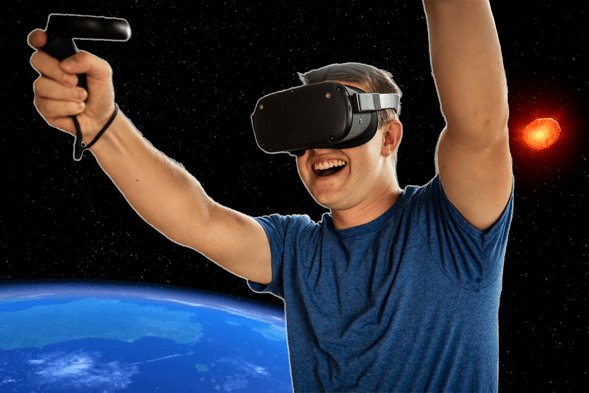 Man wearing VR headset in space